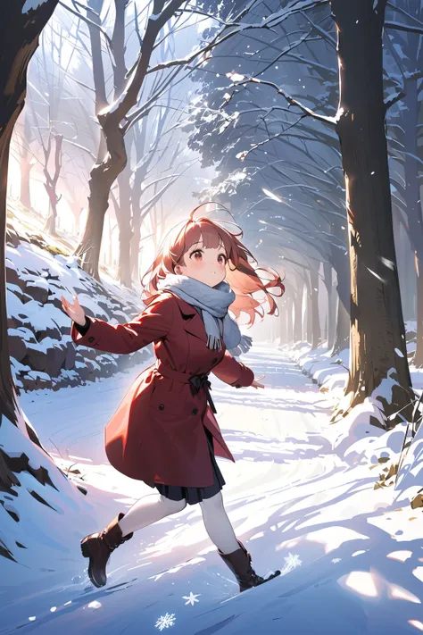 1 girl, (cute face), ager, (long hair), (worried expression), medium breasts, slim, (wearing a stylish winter coat), knee length, (fluffy scarf), (porcelain skin), 
BREAK 
snow-covered road, winter landscape, (walking cautiously:1.2), icy patches, (slippin...