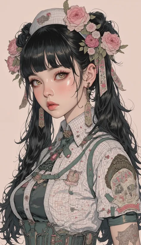 There is a picture of a woman wearing a nurse, Feminine Gothic Aesthetics  、 bangs with lots of flowers 、Pigtails, Close up details, Detail shot,  with clear details ,  ARTY LOVE BLOW STYLE  , Silkscreen Art,  checked shirt  ,  Extra Fine Ink Details  ,  S...