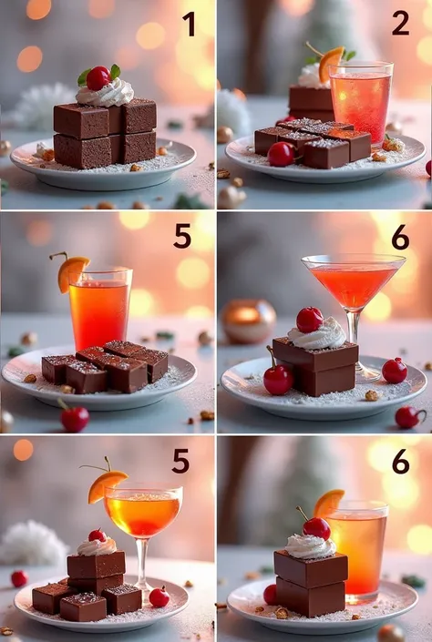  A collage of 6 images .  Hyperrealistic ,  3 d clarity of details ,  chocolate bar on each - different cocktails of different colors and quality, in the form of a dessert ,  beautifully designed .  Arrange the theme of winter . Winter background .  Luxury...