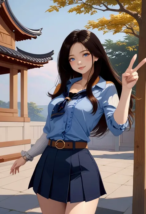 adorable woman,  v sign hand, school outdoor, (+forehead, shoulder-length hair, black hair), BREAK, ( (blue-gray 3/4 sleeves shirt, open shirt, exposed white strapless undershirt, dark-blue neckerchief), navy-blue denim skirt with gold circle buckle belt),...