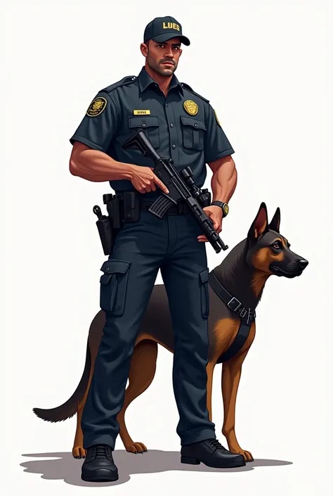 Create a security logo for me of a security guard holding a security dog and gun the name of the company is Ibraheem's security services 