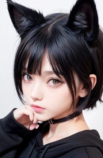 ((Shorthairs all hunted around the neck)),  wearing a black cat hoodie,  very pretty cute cat girl ,  girl with cat ears , anime  girl with cat ears , Attractive cat girl,  cute girl, black hair black cat ears , cat ears on her head, Beautiful young cat-ea...