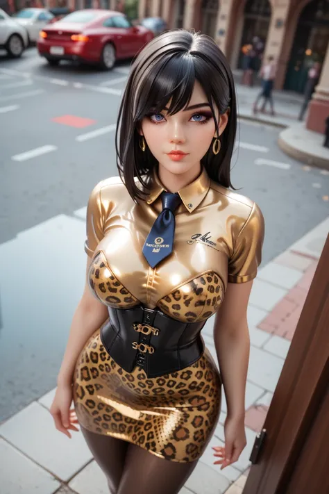  1 girl,    in an extremely tight  ,   shiny gold latex polo shirt, drives through the city , Leggings,    Hidden Hair Coloring,  reflection ,    reflecting light   ,    high resolution,    masterpiece , corset,necktie, long tight skirt ,  very shiny skin ...