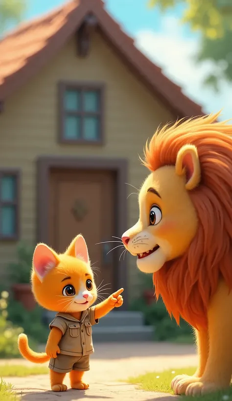 in front of the house , ,kitten cat orange , cute, dressed school uniform, pointing in the direction of the lion