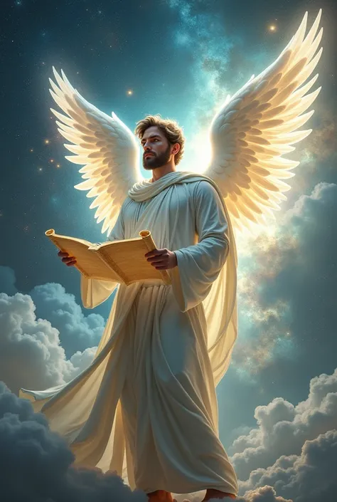 "A majestic angel with wings of silver and pure light, shining with an ethereal glow. His robes flow like liquid light, and he holds an ancient scroll, glowing with cosmic energy. His face is serene yet filled with divine power, his eyes filled with wisdom...