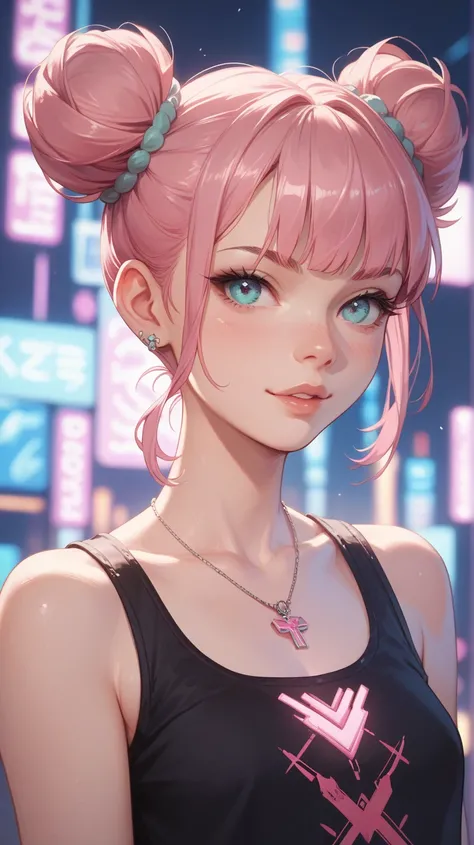 A stunning young girl with pastel pink hair tied into twin buns, wearing a cropped black tank top with a keyhole design. She poses in a futuristic neon-lit cityscape, her edgy look complemented by the vibrant colors of the glowing signs.