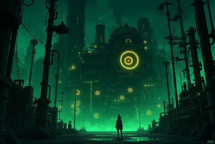  Steampunk、night、 anime style、Green lighting、gear、 no people