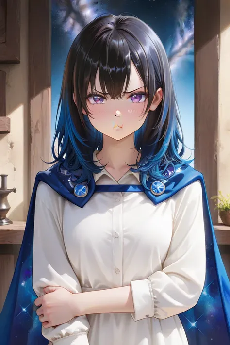 masterpiece, best quality, detailed eyes, semi realistic, 8k, girl, cute, purple eye, milky way pattern shoulder cape, glum, medieval white dress shirts, medium hair, disappointed face, dyed hair, half dye!, split hair dye!, multicolored hair (deep_blue ha...