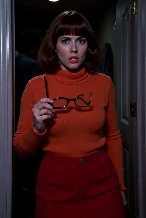 photo of a woman dressed as velma from scooby doo, linda cardellini as velma from the 2002 scooby doo movie, She has moderate breasts and a skinny waist, she has plump lips, Linda Cardellini face, She has a confused look on her face, she is holding her gla...