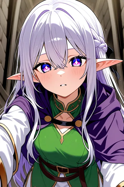  An image of a white-haired elf, Violet eyes with an indifferent look And no sparkle in their eyes