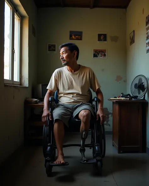 An Indonesian man, 30 years old, with short black hair, a double-leg amputee, sits in a wheelchair inside a small, modest house. The walls are faded, with peeling paint and a few framed photos hanging unevenly. He wears a simple, slightly worn t-shirt and ...