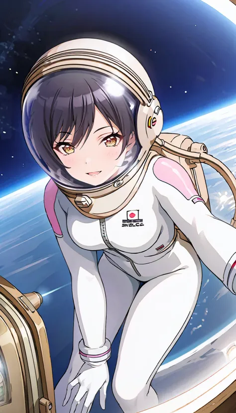 (spacesuit:1.15), white cargo pants, astronaut)bubble helmet, space helmet, white gloves, smiling, open mouth, selfie image, bend over, outer space, floating, alone, masterpiece, best quality, 1girl, beautiful, solo, ShiraseSakuya, black hair, bangs, yello...