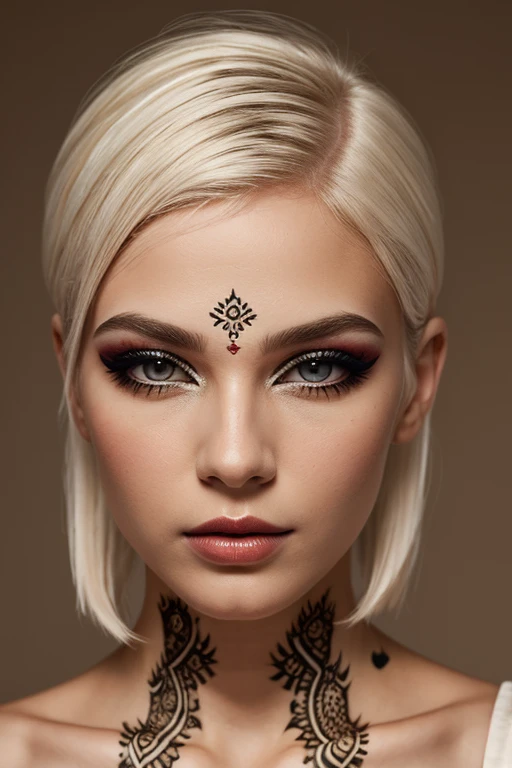    a beautiful albino model with an avant-garde haircut, she is looking into the camera, henna pattern eye makeup, thick super long lashes, brown matte lipstick with thick lipliner, white background 