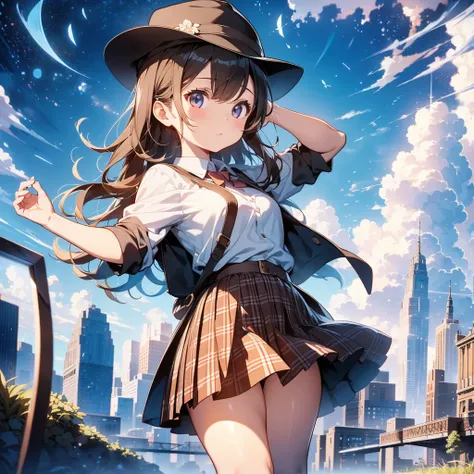  1girl , pretty face、Baby Face、((( amazing composition 、 best quality 、 Top Masterpieces、 Official Art、 more details、 high definition 、CG、 Award-winning work )))、Detective、 brown and beige plaid hat 、 pocket watch hanging around neck 、 plaid pleated mini s...