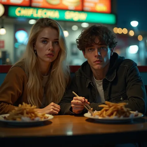 an image of a couple sitting at a fast food table in the evening, She's beautiful, curated ,  blue eyes , blonde, About 25 years old, With a disgusted expression, He's a nerd, overlooked, With nerd clothes, pimple face , anche lui About 25 years old, with ...