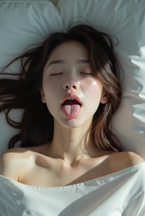     Ultra High Definition  。  reality。 A headshot of a brunette Asian teenage girl。 Straight hair。 amazed,  She has closed her eyes , She opened her mouth wide, And she stuck out her tongue 。White room  ,semen , Sleep