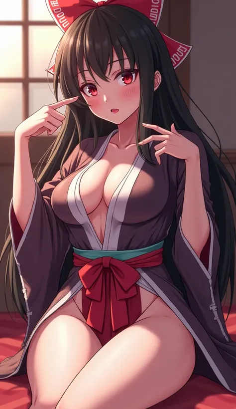 Anime girl Nezuko with lusty facial expression,wearing short kimono,revealing thighs,opened tits,full body view,looking at viewer,ultra hd resolution,high resolution 