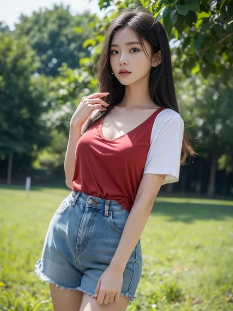  A young Asian girl with a round face, long black hair, extra long hair 2 meters long, with a very large bust, with a 38-inch bust in a T-shirt dress, colored jeans DARK, OLD SHORTS ABSENT IN SOME PARTS IN THE OPEN FIELD,  Extra-Large Space , Not small .),...