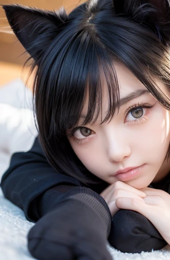 ((lying down)), (Portrait of a very short girl), ((Straight short hair hunted around the neck)), ((THIG-UP BLACK SOCKS )), There's a young girl who took off her cat's hoodie,  very pretty cute cat girl,  girl with cat ears , anime  girl with cat ears , Att...