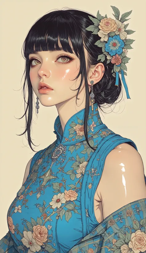 There is a picture of a woman in a sleeveless blue Chinese dress, Feminine Gothic Aesthetics  、 bangs with lots of flowers 、 bun hair for your toes, Close up details, Detail shot,  with clear details ,  ARTY LOVE BLOW STYLE  , Silkscreen Art,  checked shir...