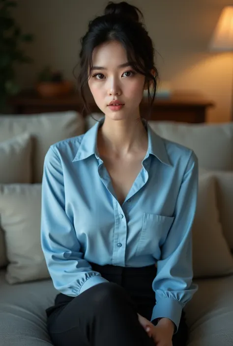 Photo of a beautiful, slim girl with her black hair tied up, wearing a blue blouse a with a front button and black pants, sitting on the sofa at home, looking directly at the camera.