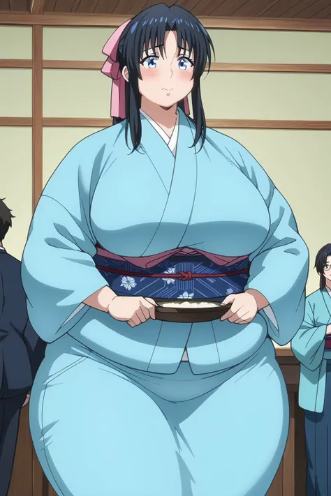 Kaoru Kamiya, Kaoru Kamiya,  long hair、 pink barrette ribbon、bangs、blue eyes、Black Hair、 light blue kimono 、Navy blue Kimono obi ,  kimono,,gigantic breasts,enormous breasts,Sloppy belly fat,Japanese-style room, troubled expression, embarrassed expression ...