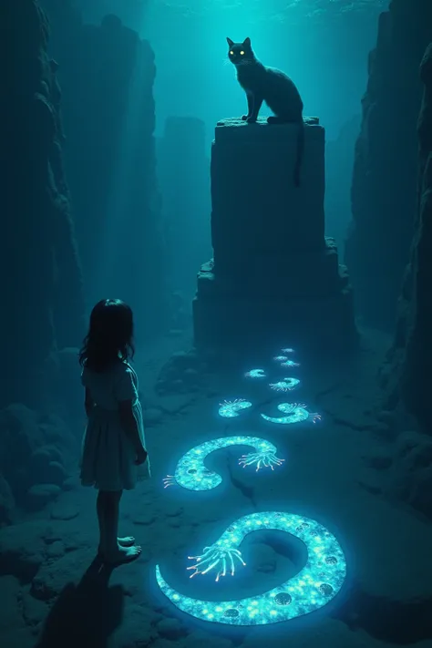 Cat standing on an ancient stone monument ， glowing paw prints leading to underwater ruins ，The girl stood next to the cat ， reflecting blue light in the girl's eyes ，Bioluminescent algae in the water form the shape of a dragon -- aspect ratio of 4:5