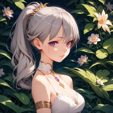 4k anime style, Smooth anime CG, 8k anime, Best quality, High resolution,Superdetail,Perfect light,avatar image,Young, Anime, She has ponytail , grey hair , beautiful purple eyes , medium chest, Beautiful waist, She wearing white dress 
