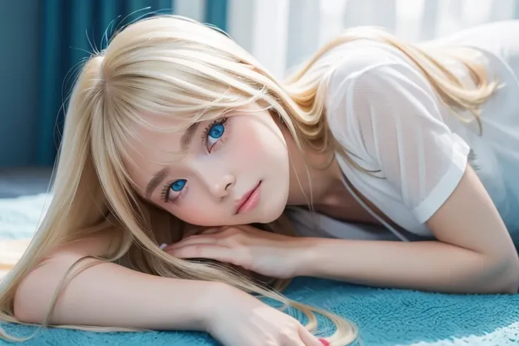 Unparalleled beauty、Beautiful innocent face 、 lie down、 shiny, radiant, firm and shiny skin 、目と目の間のbangs、 Shiny Straight Beautiful Platinum Blonde、 super long straight silky hair 、Beautiful 、Big beautiful very bright Renelle ice blue eyes、 beautiful and lo...