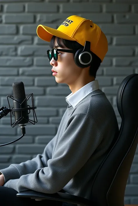 Japanese male teenager aged 20 years,A yellow baseball cap with the words (SOBAT MANTEP) written on it,Gray long sleeve knit sweater,White collar,Black formal trousers,Round sunglasses,Sitting in the typical black podcast chair,Side view, zoom camera,Podca...