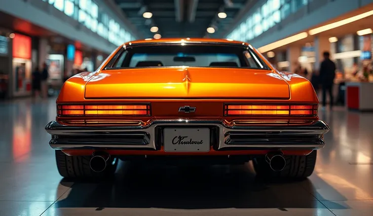 "A luxurious, camera 2025 (Chevy Nova SS) with a bold and modified design, featuring a (Orange) shiny polished exterior. In the (back) view, the car modified is highlighted, showcasing a custom (back) with an aggressive design. The features a prominent bra...