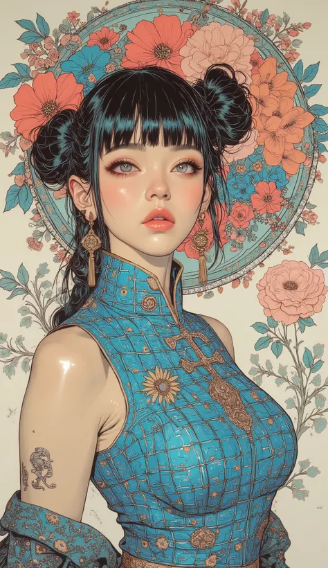 There is a picture of a woman in a sleeveless blue Chinese dress, Feminine Gothic Aesthetics  、 black hair、 bangs with lots of flowers 、 bun hair for your toes, Close up details, Detail shot,  with clear details ,  ARTY LOVE BLOW STYLE  , Silkscreen Art,  ...