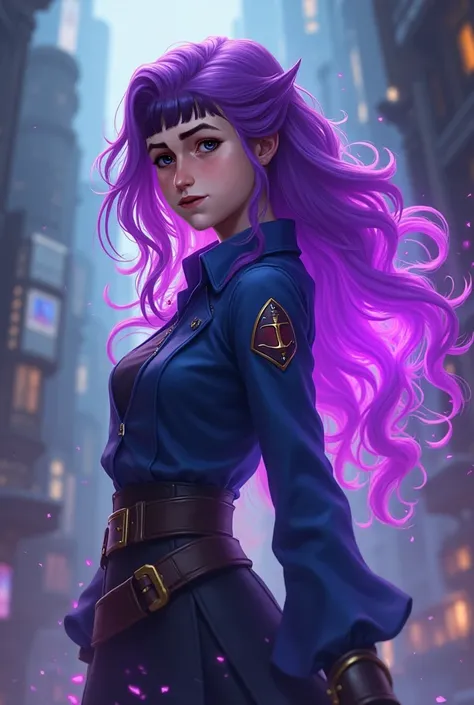 A visionary young woman, a master arcane engineer, her vibrant purple hair a cascade, stands as a symbol of innovation in the style of Arcane: League of Legends. Her powerful presence hints at ingenious creations and groundbreaking inventions