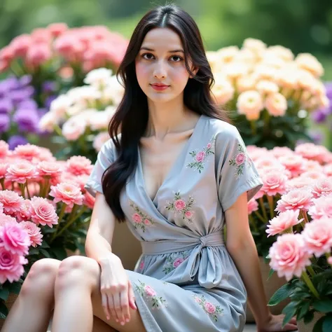 A young woman, East Asian faced ,  aged around 20s ,  sits in the center of the frame .   He wears a light gray wrap dress with floral print .   The dress has short sleeves and a loose cut ,  with a high cleavage .   She has long, straight black hair ,  as...