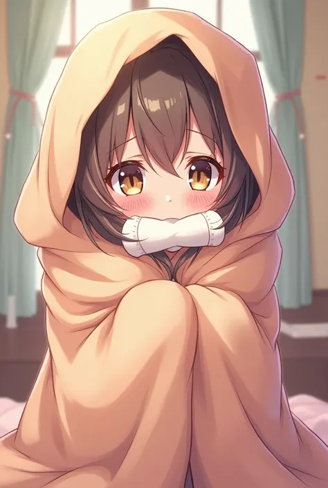 Anime girl wrapped in a blanket with a sock in her mouth 