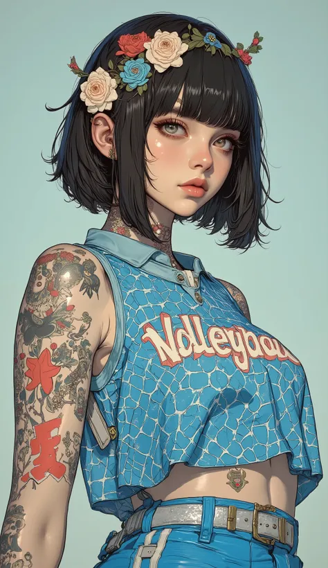 There is a picture of a woman in a sleeveless blue volleyball uniform, Feminine Gothic Aesthetics  、 black hair、 bangs with lots of flowers 、 short hair while on a business trip, Close up details, Detail shot,  with clear details ,  ARTY LOVE BLOW STYLE  ,...