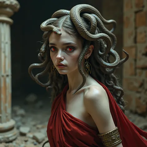 medusa from greek mythology. very pale skin. Eyes with a red iris. Naked and wearing only a red cape. It has a gold bracelet on the left bicep.. Several small live snakes, with bulging heads and bright red eyes on her head. It's in a ruined Greek temple., ...