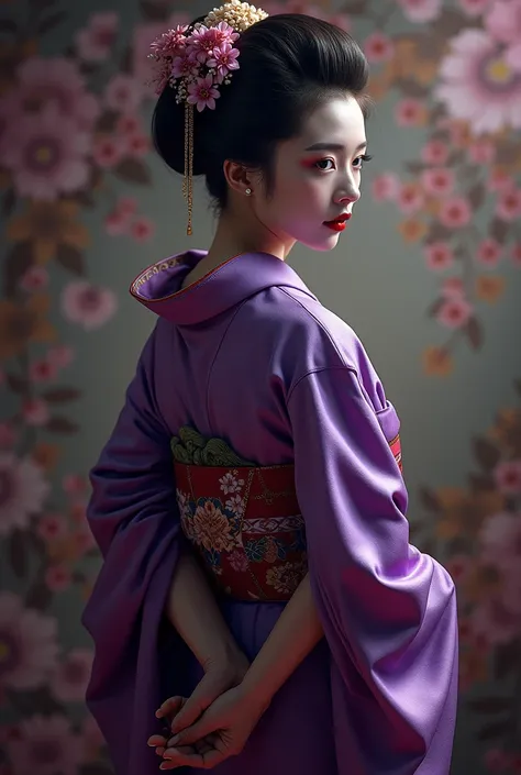 painting, japanese geisha,Purple kimono, dramatic, sexy, romanticism, neo-classical, experimentalism, ((arms behind back)), (realistic,photorealistic,photo-realistic:1.37),HDR,UHD,studio lighting,ultra-fine painting,sharp focus,physically-based rendering,e...