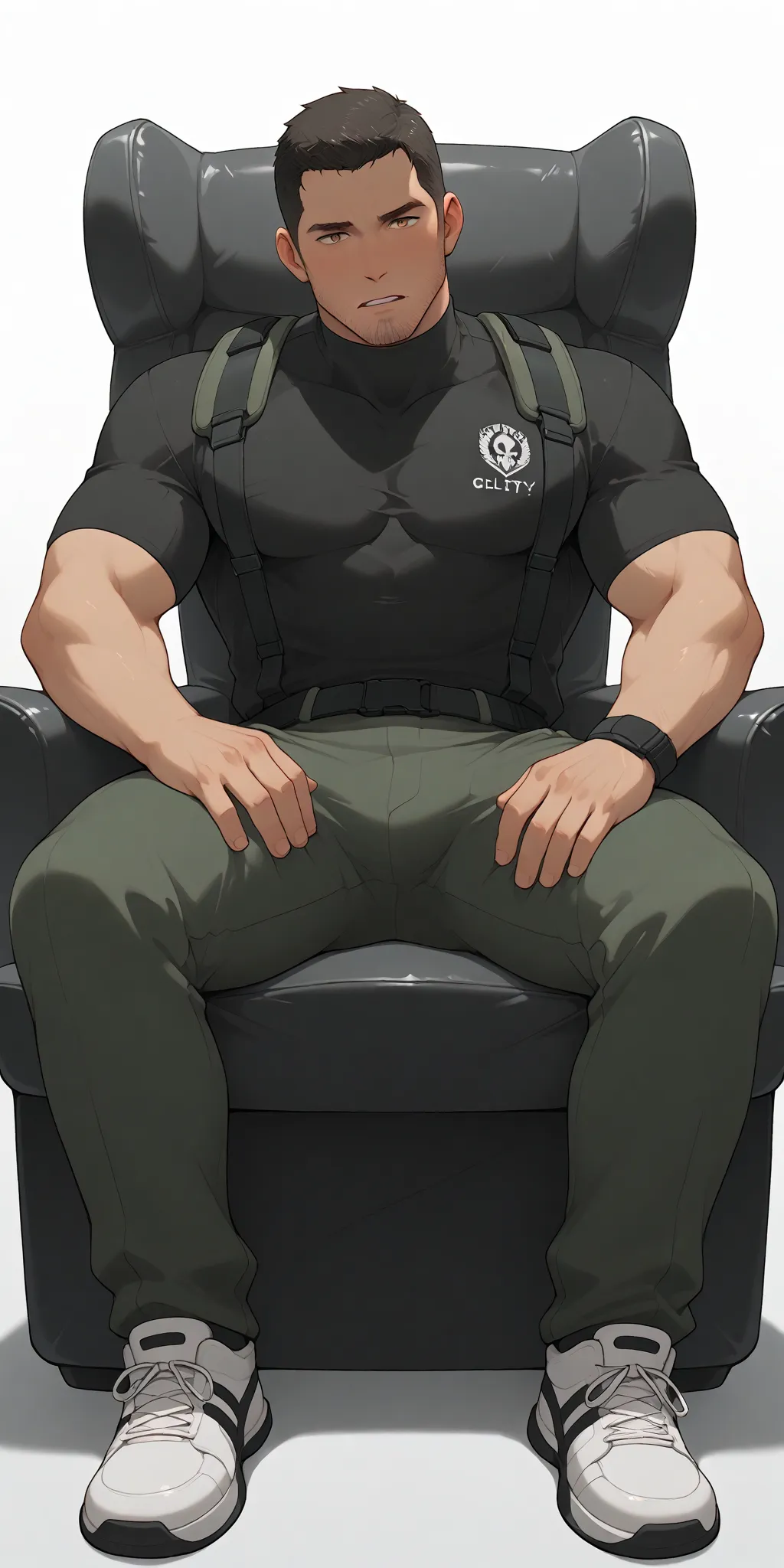 anime characters：Chris Redfield, whole body, In a clean and tidy bedroom, Sit on an upscale sofa massage chair, The top is all meat pads, It has lots of milky white mucus on it, He grits his teeth, He's wearing a grey maintenance worker's suit, Wear a blac...