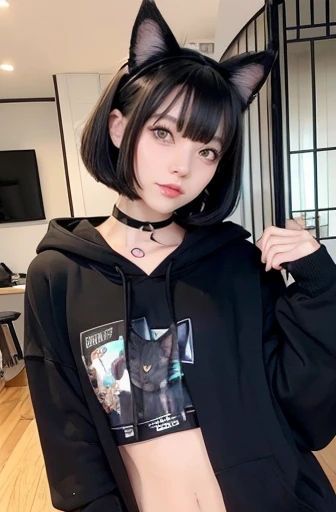 ((Shorthairs all hunted around the neck)),  wearing a black cat hoodie,  very pretty cute cat girl ,  girl with cat ears , anime  girl with cat ears , Attractive cat girl,  cute girl, black hair black cat ears , cat ears on her head, Beautiful young cat-ea...