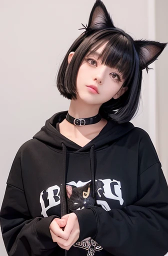 ((Shorthairs all hunted around the neck)),  wearing a black cat hoodie,  very pretty cute cat girl ,  girl with cat ears , anime  girl with cat ears , Attractive cat girl,  cute girl, black hair black cat ears , cat ears on her head, Beautiful young cat-ea...