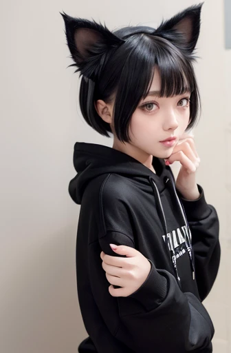 ((Shorthairs all hunted around the neck)),  wearing a black cat hoodie,  very pretty cute cat girl ,  girl with cat ears , anime  girl with cat ears , Attractive cat girl,  cute girl, black hair black cat ears , cat ears on her head, Beautiful young cat-ea...