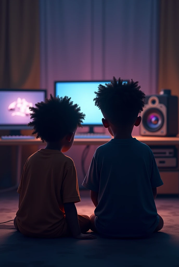 Two black boys sitting behind the back of the music studio with 2 screens