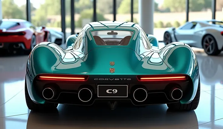 "A realistic, high-quality image of a modern sports car seen from the back Right side, resembling a 1949 Chevrolet 
 Corvette C9. The car is teal with glossy paint and a sleek, aerodynamic design. It has four large, round exhaust pipes and a wide, continuo...