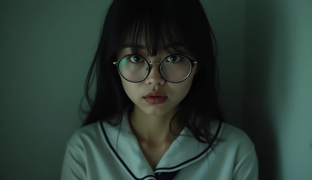 Indonesian women, plain, sexy school uniform, psychopath, glasses, sadistic expression