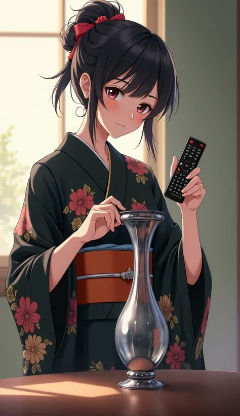  Anime girl with black yukata flowers is placing the television remote in a horizontal position,  slightly tilted to the side , and it seems to be attached to the shiny glass vase  