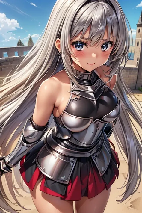  photo shoot, (( One Girl)), ((baby face:1.4)), ((cute:1.4)), ((Junior high school students:1.4)),  
break  

((Silver and Black)armor knight:1.6) : ((full body armor)) + (full plate) + ((full plateスカート)) + ( with embedded red gemstones(Silver and Black)br...