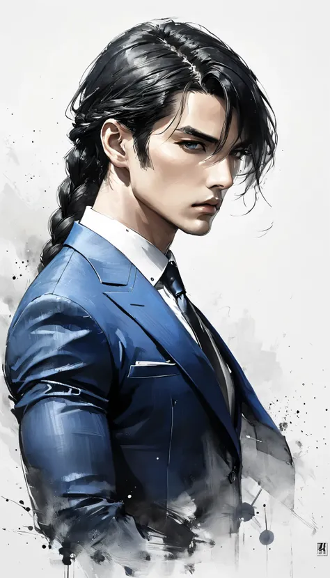Neo-noir futuristic art style, waist-up, proportional body, semi-realistic anime-style of man. Mature man, aged 25, long black hair, long bangs, middle-parted, slightly swept to the side, flowing down to the shoulder, braided behind. Warm tan skin, slight ...