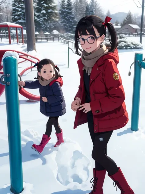 (Masterpiece,   best quality  ),  3  girl s，(),    girl ，  thick eyebrows，baby face，Round face，  big round eyes， Group ,   short twin tail  , Dull bangs，   black hair，Glasses， brown eyes， Very short，Toddler body shape，  flat chest，非常に細い手feet，  red ribbon， ...