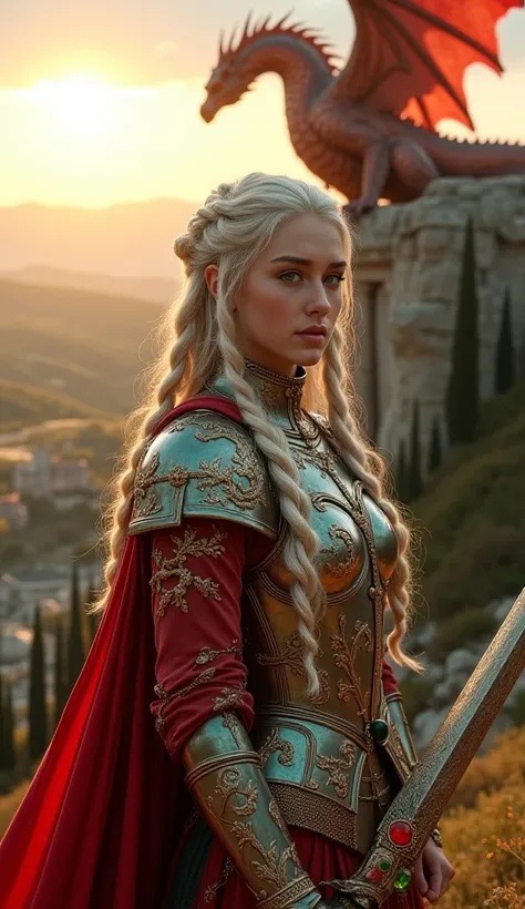 
"3D ultra-realistic, cinematic 8K artwork of a beautiful Italian woman as a member of the Targaryen clan, blending fantasy elements with Italian heritage. She has an ethereal, symmetrical face with striking features and long, flowing silver-blonde hair st...